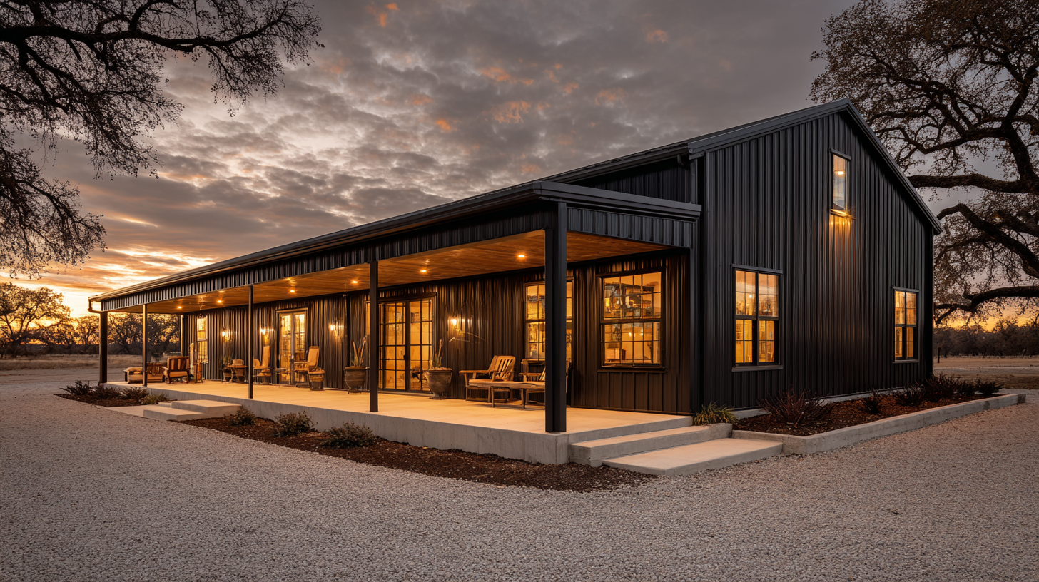 Finished long-format black steel barndominium with a covered wrap-around porch at sunset