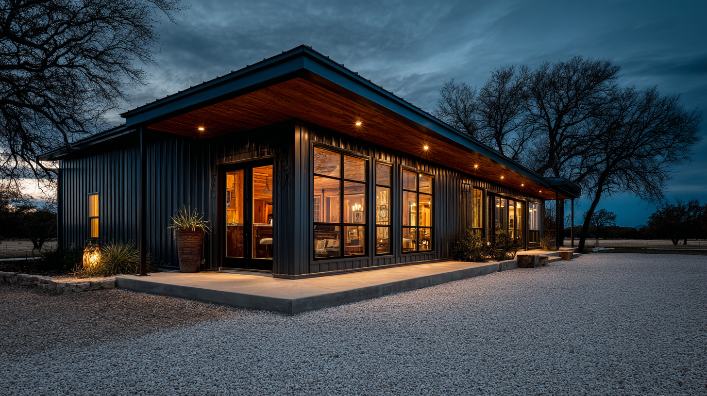 Black steel barndominium at dusk with warm lit windows and a gravel drive in a rural setting